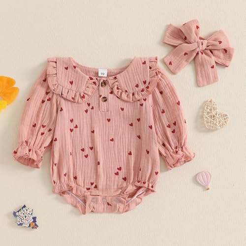 Lesimsam Newborn Baby Girl Valentines Outfit Heart Print Cotton Linen Long Sleeve Bubble Romper Peter Pan Collar Bodysuit2