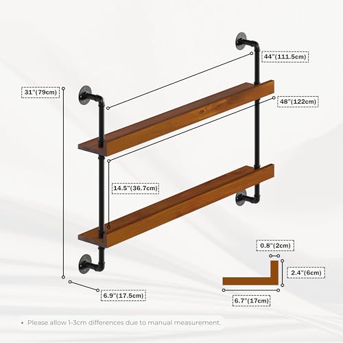 Industrial Wine Rack Wall Mounted, Solid Wood Shelf with Metal Pipe Brackets, 2-Tier Rustic Hanging Organizer for Wine Bottle Storage in Kitchen, Bar, Pub, Cellar(Walnut Brown, 48 Inch)