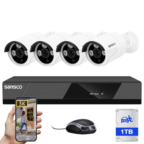 Image of SANSCO 8CH NVR 3K PoE CCTV Camera System Outdoor with 1TB Hard Drive, 24/7 Audio Recording, 4 X 5MP Wired Home Security PoE IP Camera, Face/Human/Vehicle Detection, Color Night Vision, Remote Access