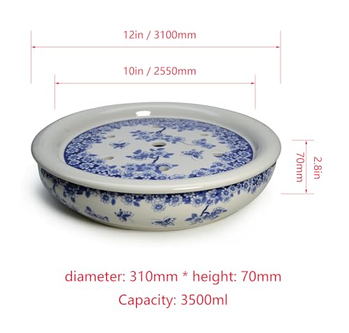 Image of Porcelain Tea Tray 12 inch, Double-Layer Ceramic Tray Round for Tea Coffee Serving Gongfu Tea Table Tea Room (Blue and White Butterfly Lovers)