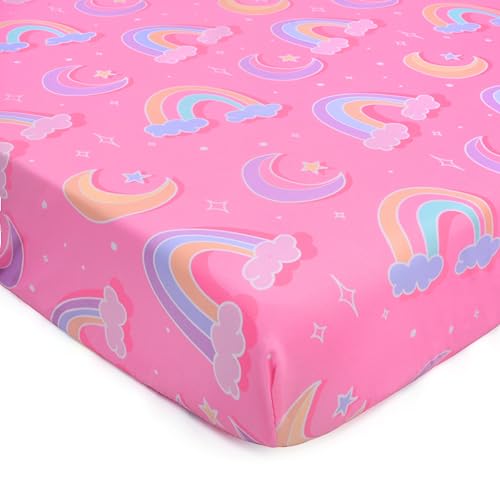 Image of JISEN Baby Crib Sheets Soft Breathable Pink Rainbows Fitted Crib Sheets Baby Sheet for Standard Crib and Toddler Mattress Baby Bed Sheets for Crib for Baby Boys Girls Neutral 52x28 Inch
