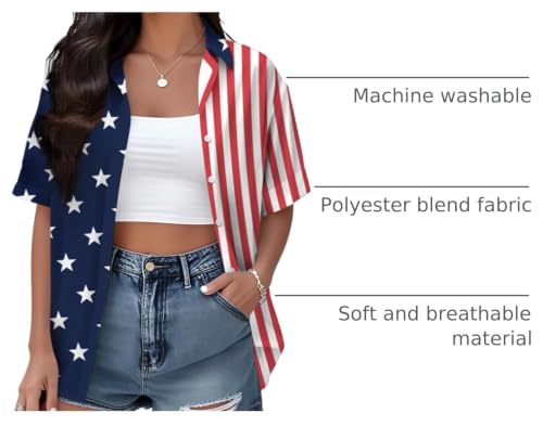 Image of Ithalt 4th of July Hawaiian Shirts Women American Flag Patriotic Short Sleeve Button Down Outfits Summer Vacation Tops