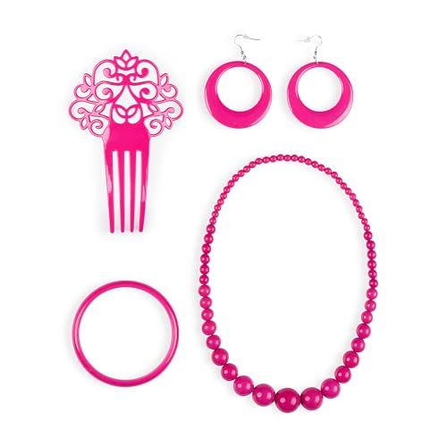 Set de Flamenca Rojo Rosa Peineta Collar Pulsera Pendientes para Feria Abril Sevilla Actuaciones Baile (Rosa)