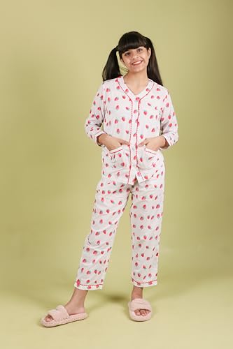 Image of Tweeny Mini Kids Girls Pure Rayon Night Suit | Sleepwear| Night Wear | Nightdress | Top Shirt & Pyjama Combo Set Floral Printed with Pockets Full Sleeves