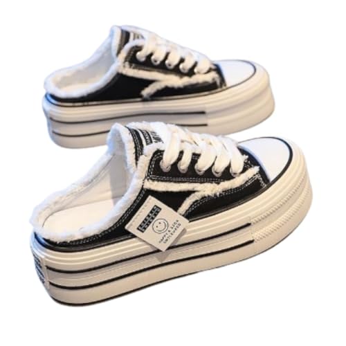 ノーブランド品ダッドスニーカー厚底5cm身長アップサボかかとなしレースアップ着脱簡単脚長美脚レディースカジュアル韓国帆布キャンバス軽量ブラック,22.5cm