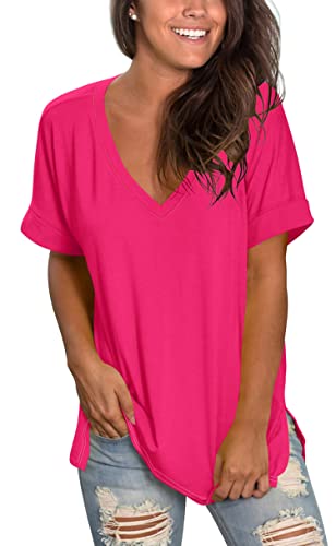 Image of Sampeel Women's V Neck T Shirts Casual Rolled Short Sleeve Side Split Summer Tops Loose Fit