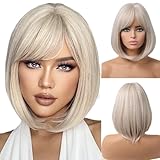 EMMOR White Wig with Bangs Short Blonde Bob wigs for Women Heat Resistant Synthetic Fiber Wigs Creamy Champaign White Natural Looking