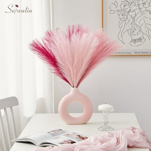Image of Serwalin Hot Pink & Blush & Pink Pampas Grass Decor, 17.7 Inch 6pcs Faux Pampas Grass, Artificial Pampas Grass for Wedding Table Centerpieces Decoration