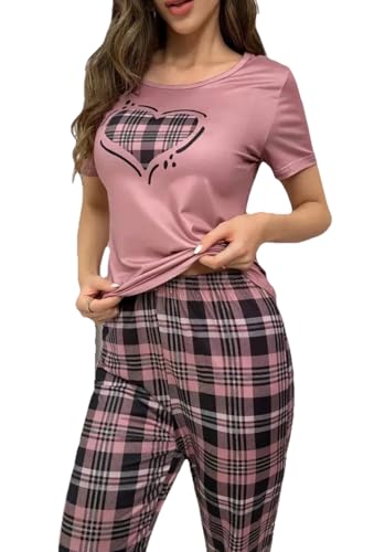 Pyjama à carreaux femme parfait pour vos soirées cocooning avec t-shirt rose