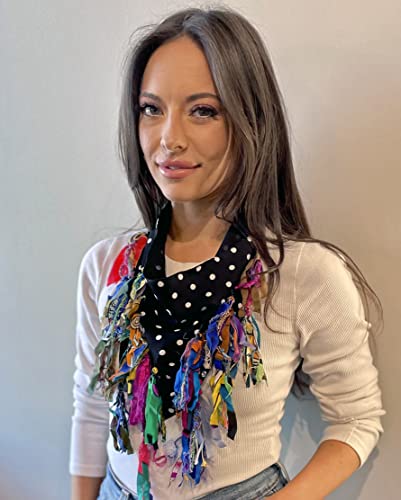 Women's Cowl Tassel Collar Scarf Necklace with Hand Painted Silk Multi Colored Tassels on Black and White Poly Silk - LRW DESIGNS2