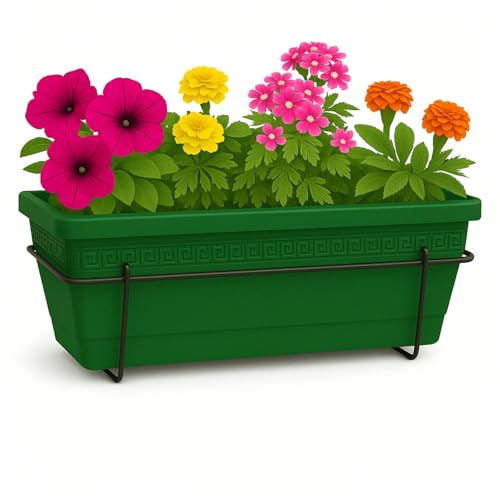 Jardinera de plástico, Balconera de plástico, Macetero para Jardín, Fabricado en Polipropileno, Incluye Soporte, Patio, Interior o Exterior, 60 cm Largo x 16.5 cm Alto x 11 cm Fondo, Verde