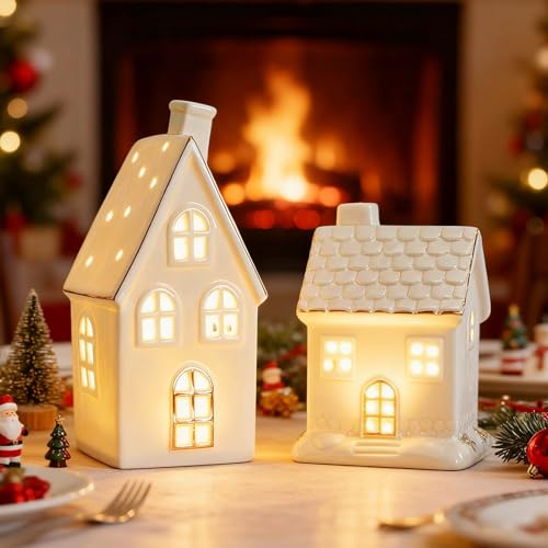 Weihnachtsdorf Deko Keramik 16 Xevinas Weihnachtsdeko LED Weihnachtshaus, Porzellan Häuser Weiß Mit...