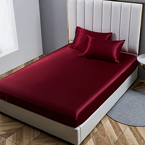Damier Spannbettlaken 120x200cm Rot Weinrot Satin Seide Glänzend Bettlaken Hochwertiges Deluxe Unifarben Spannbetttuch… – Ansicht 1