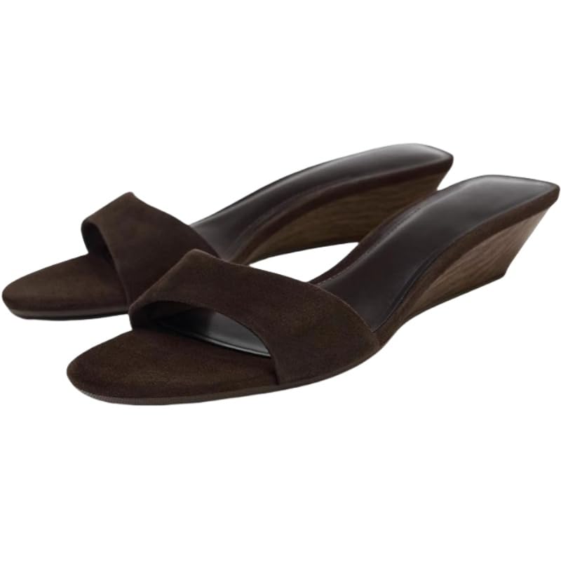 Women's thick-padded soft-soled PU-lined hooded wedge sandals - open-toe covered mid-heel comfortable casual shoes, brown, summer breathable material, fashionable style