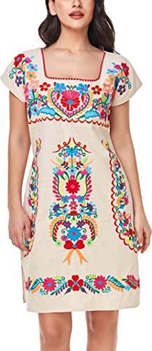 Image of YZXDORWJ Women Mexican Embroidered Dress Ruffle Collar Sleeveless