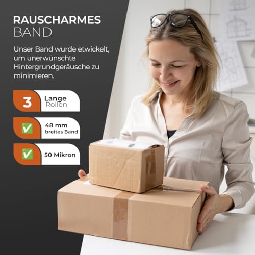 Stick Well Verpackungsklebeband, Industrieklebeband für Pakete, 3 Rollen Paketklebeband geringer Geräuschentwicklung – 48 mm x 66 m, stark klebendes braunes Klebeband zum von Kartons, Umzugskartons