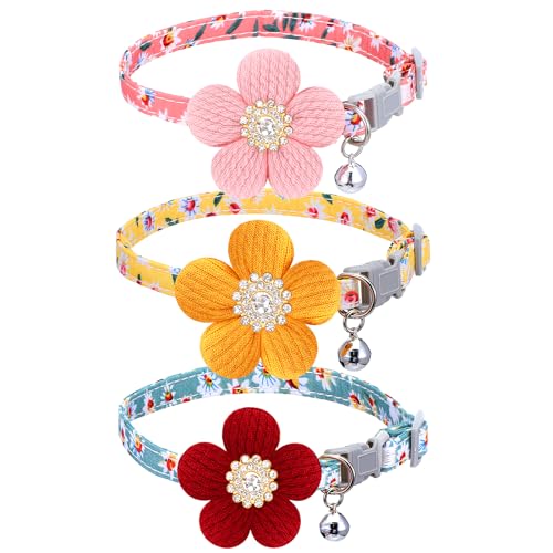 DOPENSPI Collier pour chien 3 pièces avec fleur pour petits chiens, colliers pour chiens et filles, colliers réglables avec clochette pour petits chiens,...