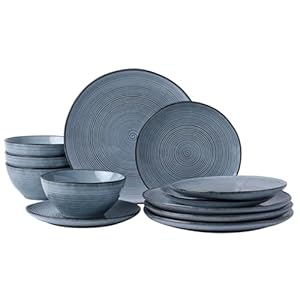 famiware Plates and Bowls Sets for 4, 12 Pieces Stoneware Dinnerware Sets, Dishes Set, Reactive Glaze Dishware Sets, Dishwasher & Microwave Safe, Tempus Series – Pearl Blue