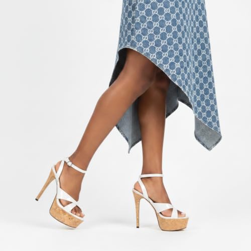 Image of Esvowido Heeled Mules for Women Cork Platform Stiletto Heels Slip on Open Toe High Heeled Sandals Crisscross Slippers Pumps Shoes