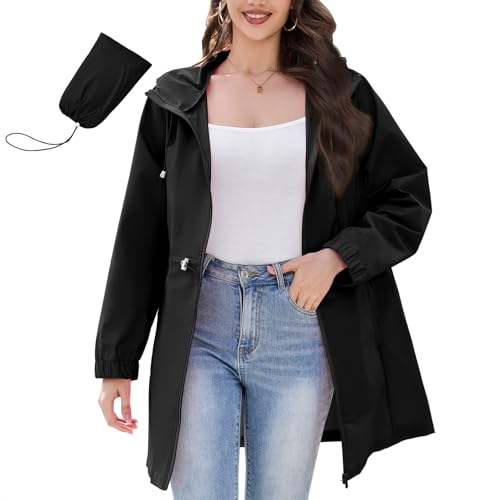 American Trends Rain Jacket Women Waterproof Packable Raincoats for Women with Hood Long Rain Coats Lightweight Windbreaker Jacket Black XL