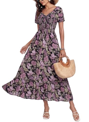 Image of Summer Smocked Boho Maxi Dress for Women 2026 Short Sleeve Floral Smocked Flowy Ruffled Beach Vacation Dresses Lightweight