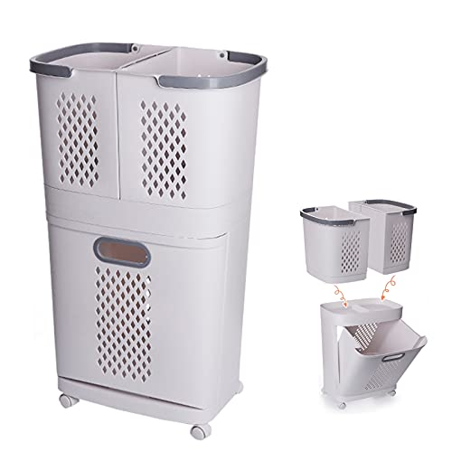 Vertical Laundry Sorter with 2 Tiers Removable Baskets and Wheels Bathroom and Bedroom nizer Shelf for Plastic Tall Laundry Hampers Slim White Cart