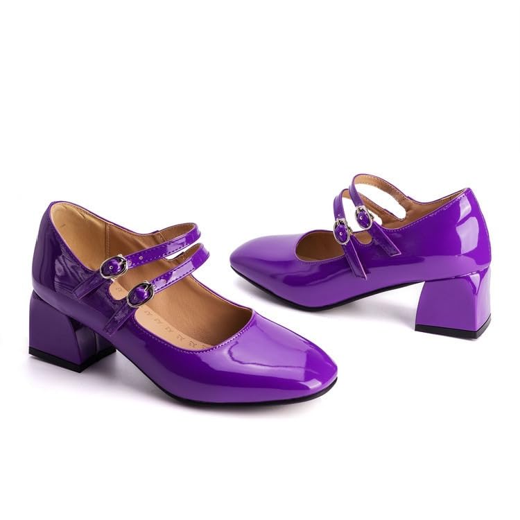 ZQW Cute Mary Jane Pumps for Women Mid Block Heel Square Toe Patent Leather Buckle Straps Plus Size Lolita Cosplay Prom Dance Party Shoes4