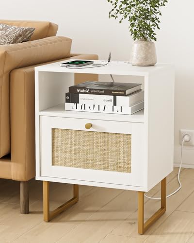 Image of Rattan Nightstand with Charging Station, Mid Century Modern Night Stand,Boho Farmhouse Wood Bedside Table with Storage and Open Shelf, End Side Accent Table for Bedroom,Living Room,White