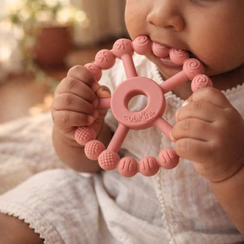 Image of Cubkins Silicone Ring Teether for Babies 3-12 Months | BIS Certified, BPA Free, Food Grade | Teething Ring for Soothing Gums | Zero Plastic | Easy Grip Baby Teething Toy (Raspberry)