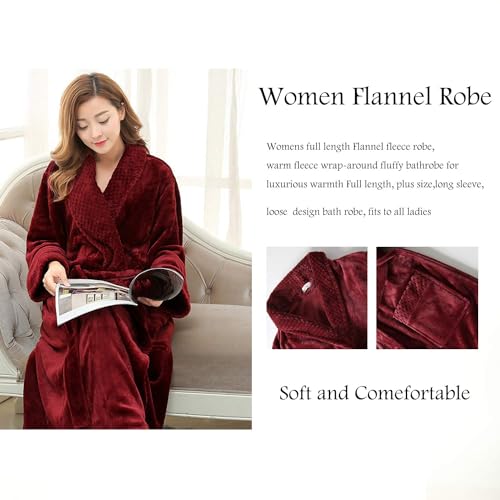 Dressing Gown Women Full Length Robe Plus Size Fleece Winter Warm Bathrobe, UK14-20(label XL), Wine Red - 3