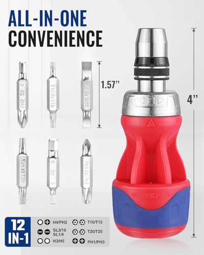 Image of WORKPRO 12-in-1 Stubby Ratcheting Multi-bit Screwdriver, Short Screw Drivers with Magnetic, Quick-load Mechanism, Premium S2 Steel, Small Screwdriver with Double End Bits in Handle