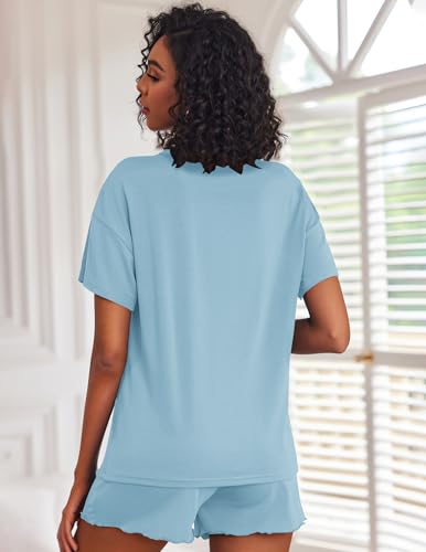 Image of Ekouaer Pajamas Set for Women Short Sleeve Lounge Set 2 Piece Loungewear PJs Soft Cute Lightweight Sleepwear,X-Large Clear Blue