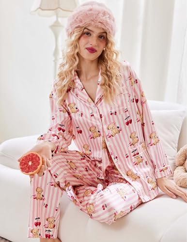 Image of Ekouaer Pajamas for Women Silk Satin Button Down Long Sleeve Pajama Sets