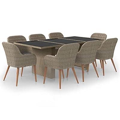 9 Piece Patio Dining Set with Glass Top, Brown PE Rattan Outdoor Dining Set for Garden Patio, Powder-Coated Steel Frame with Soft Seat Cushions