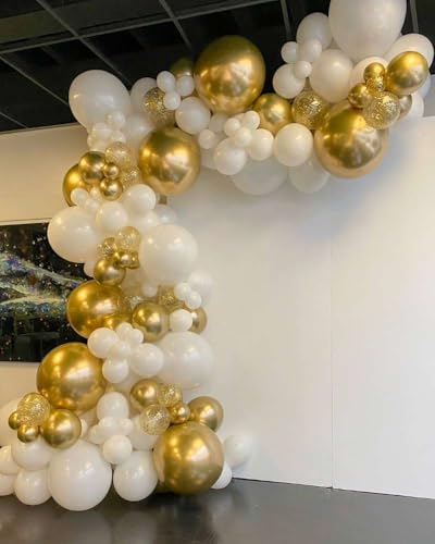 Image of White and Gold Balloon Arch Garland Kit 153pcs with Star, 22 18 12 10 5in Different Size White Metallic Gold Confetti Latex Balloons for Birthday Anniversary Wedding Baby Shower Decoration