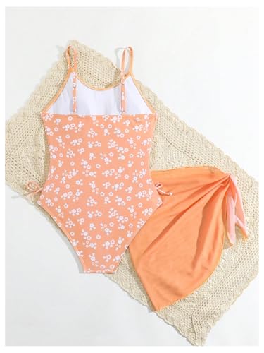 OYOANGLE Girl's Floral Ruched Side One Piece Swimsuit with Mesh Beach Skirt Cover Up Swimwear2