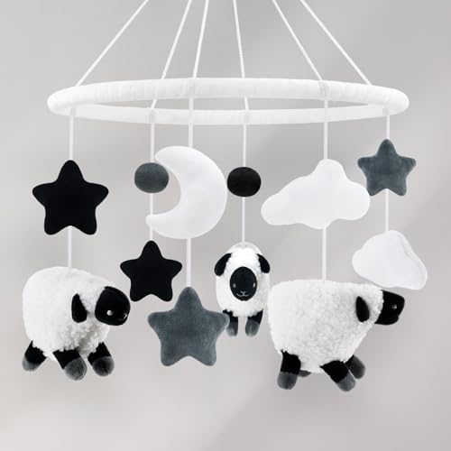 Image of Baby Mobile for Crib Neutral Hand-Crocheted Mobile Farm Animal Hanging Decor with Furry Scottish Sheep Clouds Moon Stars Newborn Gifts for Infants Boys Girls Bassinet Bedroom Decorations (Black)