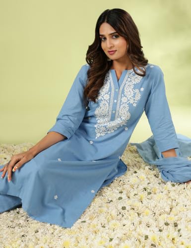 Image of Kaari Chikankari Embroidered Kurta Set for Women- 100% Cotton | Yoke Detailing | Three Piece Kurta Set with Dupatta | Sleeve