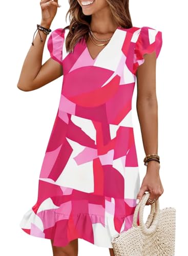 Image of QACOHU Spring Summer Dresses for Women 2026 V Neck Cap Sleeve Ruffle Hem Smock Short Casual Beach Dress