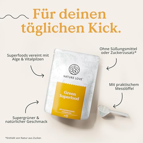 NATURE LOVE® Green Superfood - 300g - 15 Superfoods und 2 Vitalpilze - u.a. mit Gerstengras, Spirulina & Moringa - Greens Pulver ohne Aromen, Süßstoffe oder zugesetzten Zucker - vegan & laborgeprüft