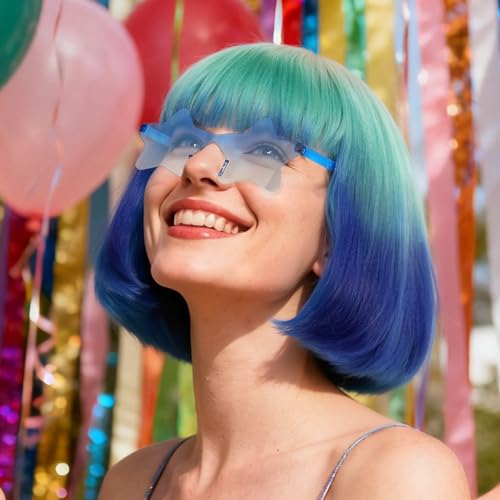 Image of ANOGOL Hair Cap + (Sunglasses) Teal to Blue Bob Wig with Bangs Womens Party Wigs with Star-Shaped Glasses Short Neon Wig Daily Party Fun Wigs Women Halloween Costume Bachelorette Hair