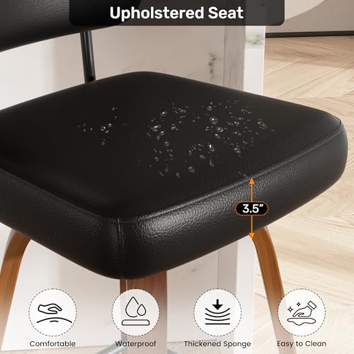 Image of Swivel Bar Stools Set of 2, 26 inch Upholstered Faux Leather Counter Height Barstools with Walnut Back & Bentwood Legs, Mid Century Modern Bar Chairs Island Stools for Kitchen Counter, Black