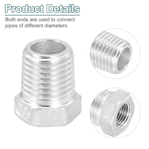 Image of uxcell 3Pcs 1 /4 inch Male to 1 /8 inch Female NPT 304 Stainless Steel Reducer Hex Bushing, Reducing Cast Pipe Adapter Fitting for industrial, oil /gas, water, HVAC, and plumbing systems
