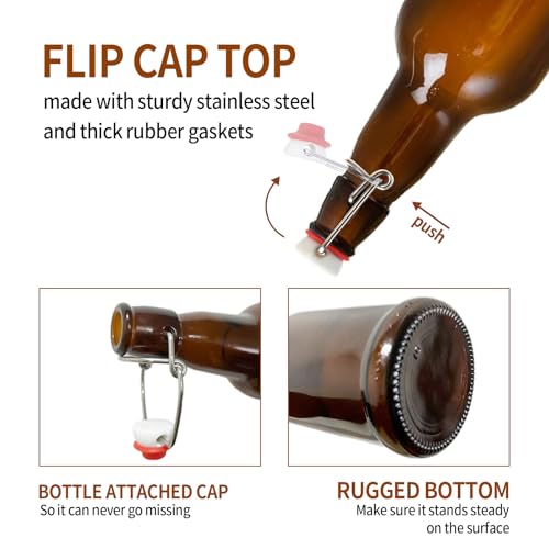 ELAORY Swing Top Glass Bottles, 6 Pack Flip Top Beer Bottles with Airtight Lids,16 Oz Amber Glass Bottle with Lids, Kombucha Bottles, Beer Bottles for Home Brewing and Wine, Mead, Fermentation