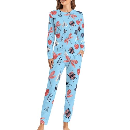 Pyjama femme coccinelles et libellules avec t-shirt manches longues et pantalon de nuit
