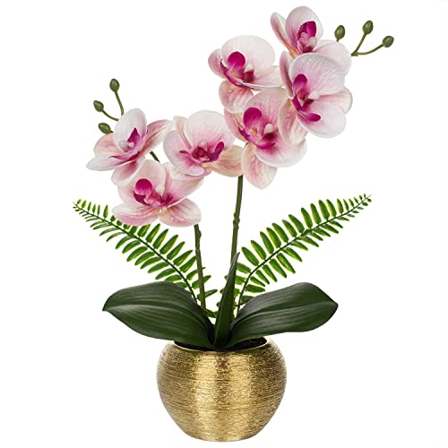 Fake Orchid Fake Plant, Light Pink Orchids Artificial Flowers with Gold Ceramic Vase Faux Orchid for Home Office Decor Indoor