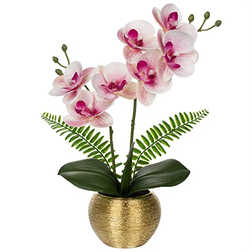 Briful Artificial Orchid Plants Pink Orchid Real Touch Flowers Artificial Phalaenopsis Flower Stems in Gold Ceramic Pot Fake Orchid Flowers for Home Decor Wedding Table Centerpiece