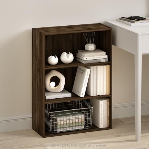 Image of Furinno Simple Book Shelf, 3-Tier Bookshelf, Storage Shelves Bookcase, 9.7 x 23.7 x 31.5, for Living Room, Bedroom, Home Office, Columbia Walnut