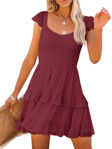 Image of Women Summer Dresses Casual Boho Smocked Ruffle Sun Beach Babydoll Mini Dress Layered Flowy Swing Dress