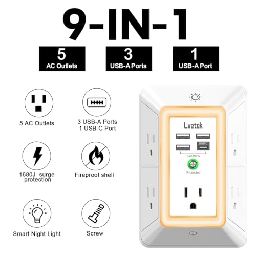 Multi Plug Outlet Surge Protector - Lvetek 3-Sided Power Strip with 5 Outlet Extender and 4 USB Ports(1 USB-C) and Night Light, USB Wall Charger for Home, Office, Travel, ETL Listed, White